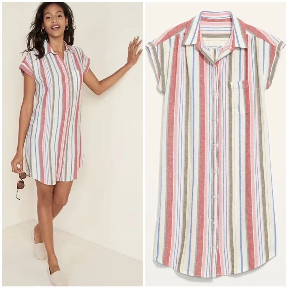 Old Navy Linen-Blend Multicolor Striped Button-Front Shirt Dress Medium